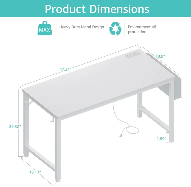 Alt view image 3 of 7 - White Computer Desk with Power Outlet, 47 inch Teen Study Table Home Office Work Writing Gaming Desks with Charging Station Outlets Built in, White