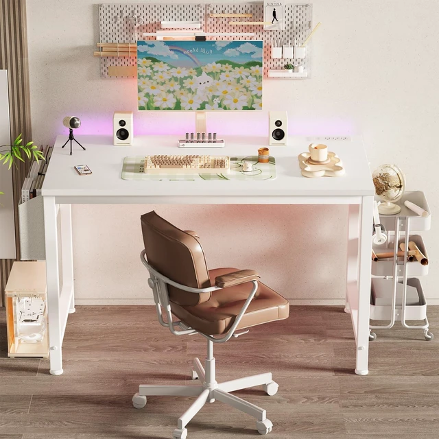 Alt view image 2 of 7 - White Computer Desk with Power Outlet, 47 inch Teen Study Table Home Office Work Writing Gaming Desks with Charging Station Outlets Built in, White