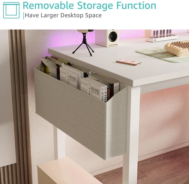 Alt view image 5 of 7 - White Computer Desk with Power Outlet, 47 inch Teen Study Table Home Office Work Writing Gaming Desks with Charging Station Outlets Built in, White