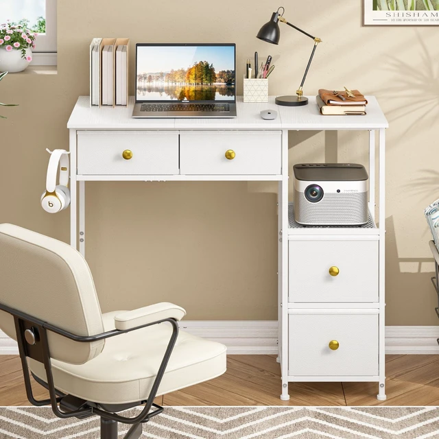 Main image of Small Computer Desk with 4 Fabric Drawers, Simple Writing Desk for Home Office, Compact Study Desks for Small Spaces, Kids Desk Study for Bedroom, White