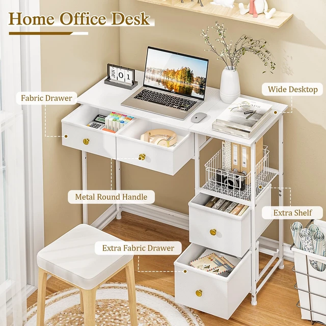 Alt view image 2 of 7 - Small Computer Desk with 4 Fabric Drawers, Simple Writing Desk for Home Office, Compact Study Desks for Small Spaces, Kids Desk Study for Bedroom, White