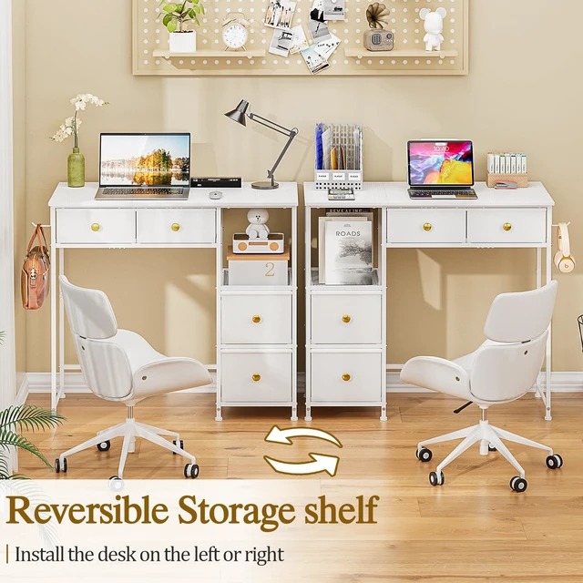 Alt view image 3 of 7 - Small Computer Desk with 4 Fabric Drawers, Simple Writing Desk for Home Office, Compact Study Desks for Small Spaces, Kids Desk Study for Bedroom, White