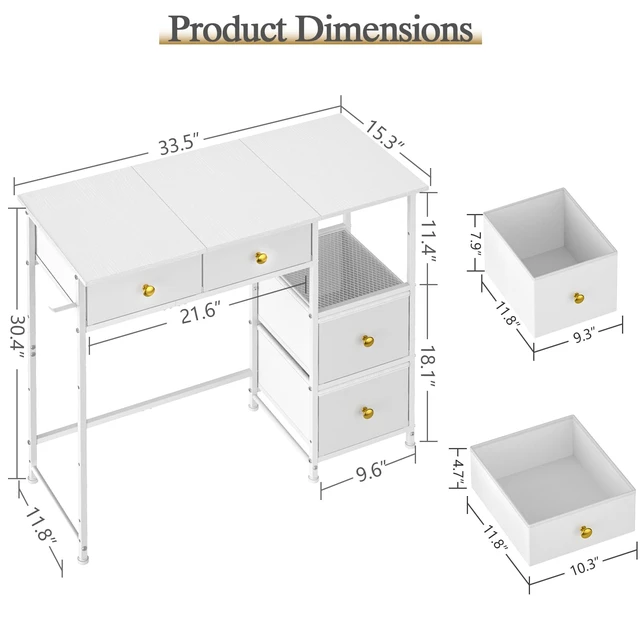 Alt view image 4 of 7 - Small Computer Desk with 4 Fabric Drawers, Simple Writing Desk for Home Office, Compact Study Desks for Small Spaces, Kids Desk Study for Bedroom, White