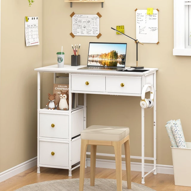 Alt view image 5 of 7 - Small Computer Desk with 4 Fabric Drawers, Simple Writing Desk for Home Office, Compact Study Desks for Small Spaces, Kids Desk Study for Bedroom, White