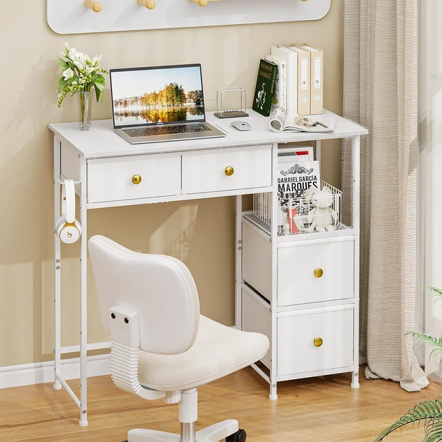 Alt view image 6 of 7 - Small Computer Desk with 4 Fabric Drawers, Simple Writing Desk for Home Office, Compact Study Desks for Small Spaces, Kids Desk Study for Bedroom, White