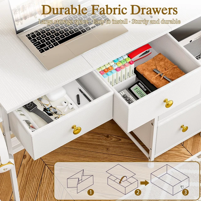 Alt view image 7 of 7 - Small Computer Desk with 4 Fabric Drawers, Simple Writing Desk for Home Office, Compact Study Desks for Small Spaces, Kids Desk Study for Bedroom, White