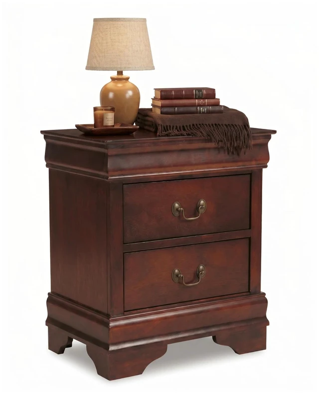 Main image of Alisdair 2 Drawer Nightstand, Reddish Brown | 21.63 in wide, Louis Philippe-style moulding, Metal slides beneath drawers, Antiqued bronze-tone pulls, Master bedroom use