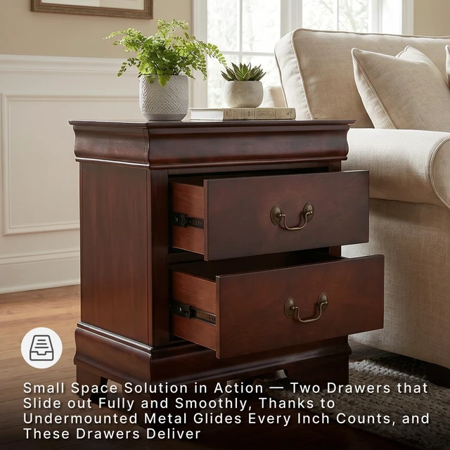 Alt view image 2 of 5 - Alisdair 2 Drawer Nightstand, Reddish Brown | 21.63 in wide, Louis Philippe-style moulding, Metal slides beneath drawers, Antiqued bronze-tone pulls, Master bedroom use