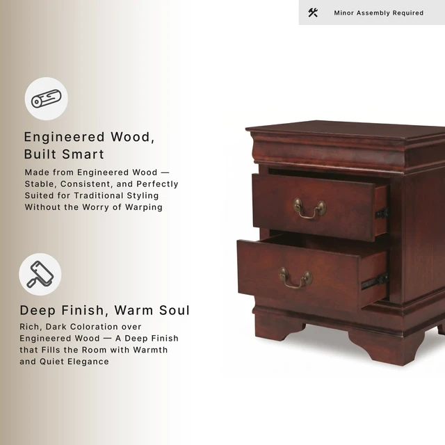 Alt view image 3 of 5 - Alisdair 2 Drawer Nightstand, Reddish Brown | 21.63 in wide, Louis Philippe-style moulding, Metal slides beneath drawers, Antiqued bronze-tone pulls, Master bedroom use