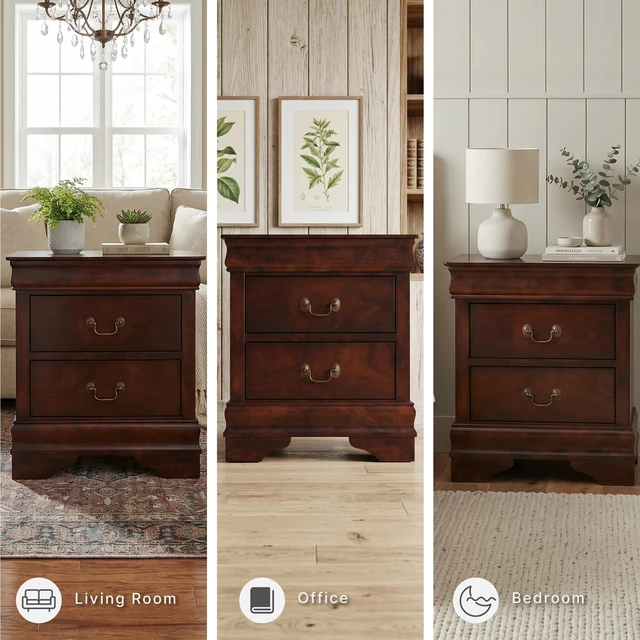 Alt view image 4 of 5 - Alisdair 2 Drawer Nightstand, Reddish Brown | 21.63 in wide, Louis Philippe-style moulding, Metal slides beneath drawers, Antiqued bronze-tone pulls, Master bedroom use