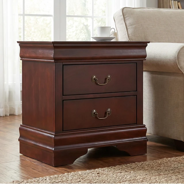 Alt view image 5 of 5 - Alisdair 2 Drawer Nightstand, Reddish Brown | 21.63 in wide, Louis Philippe-style moulding, Metal slides beneath drawers, Antiqued bronze-tone pulls, Master bedroom use