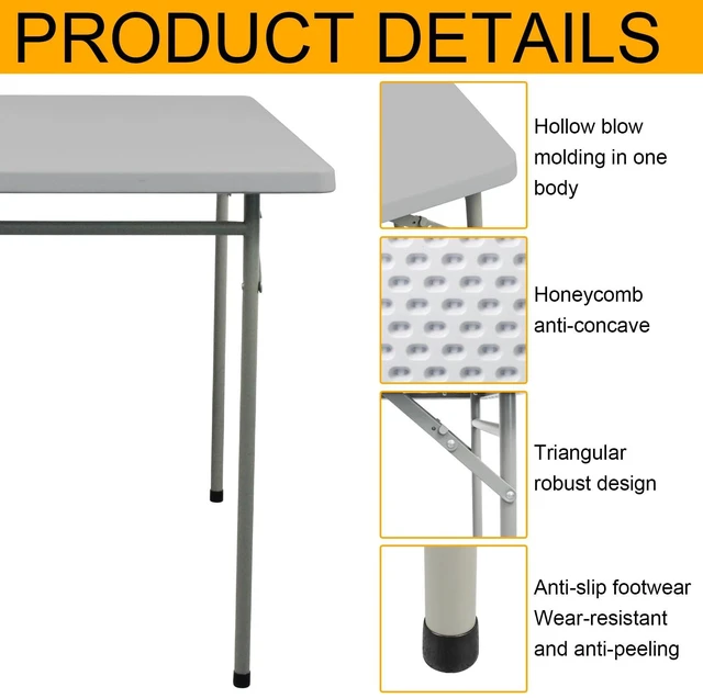 Alt view image 4 of 6 - Folding Table 3ft Rectangular All-Occasion Plastic Folding Event Table for Indoor and Outdoor, Portable Desk, Camping, Durable and Stable, HDPE and Steel, Wide Application, Grey