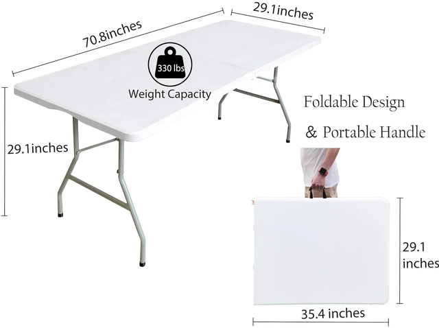 Alt view image 3 of 7 - 6ft Folding Table Heavy Duty Plastic Portable Picnic Table | Carry handle, Blow Molded Tabletop, 330lb Capacity, Indoor Outdoor Utility, Parties, Camping, Dining