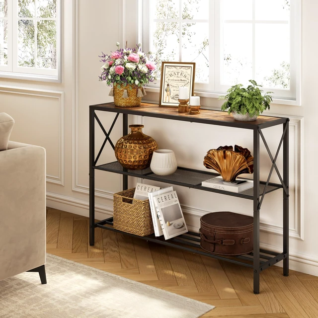 Alt view image 2 of 7 - Industrial Console Table, 3 Tier Entryway Table, Hallway Table, Narrow Sofa Table with Shelves, Entrance Table for Entryway, Living Room, Foyer, Office, Rustic Brown&Black