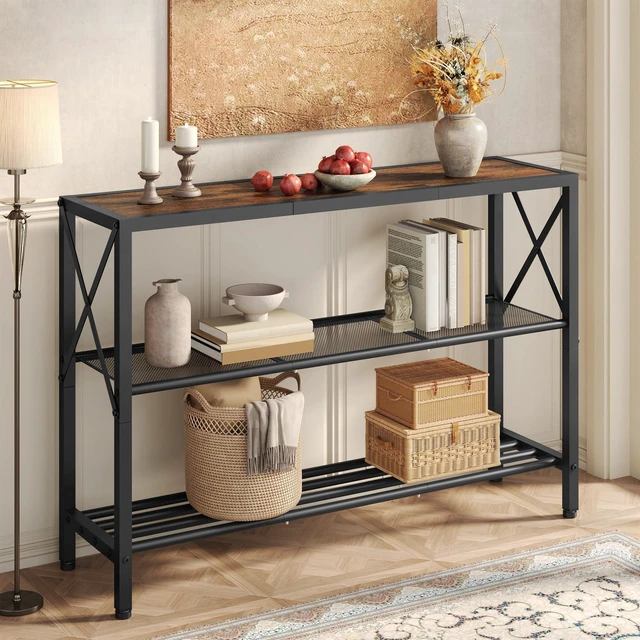 Main image of Industrial Console Table, 3 Tier Entryway Table, Hallway Table, Narrow Sofa Table with Shelves, Entrance Table for Entryway, Living Room, Foyer, Office, Rustic Brown&Black