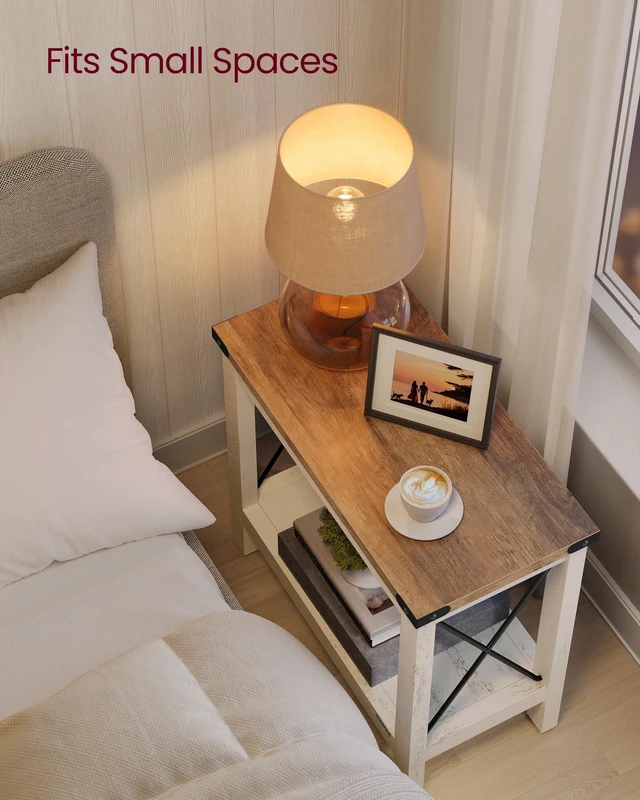 Alt view image 2 of 5 - 2-Tier End Side Table, Small Accent Nightstand with Bottom Shelf | Narrow Bedside Table for Small Spaces, Living Room, Bedroom, Office, Farmhouse Style, Rustic White and Honey Brown ULET235W01