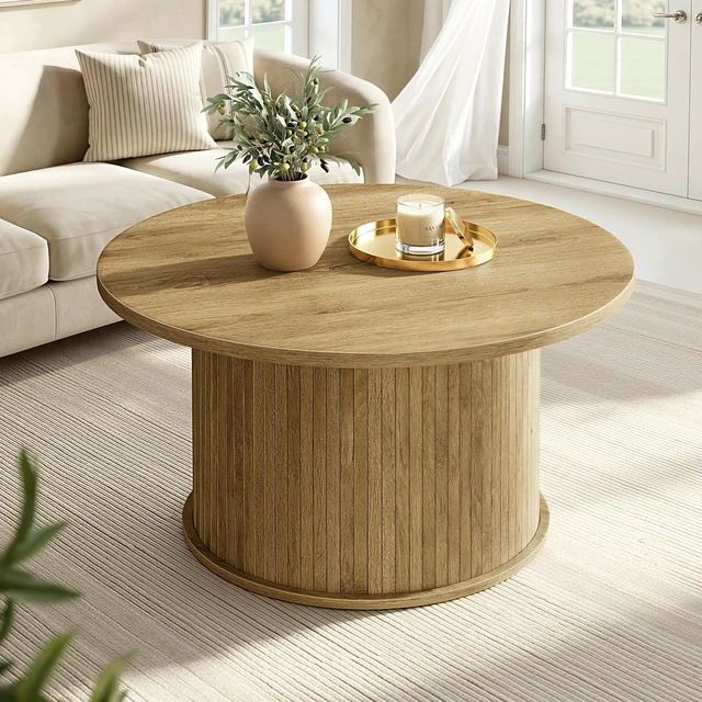 Main image of Round Coffee Table, Living Room Table with Tambour Design | Mid Century Modern, Easy Assembly, for Home and Office, 31.5 x 17.7 Inches, Natural Brown ULCT276K101