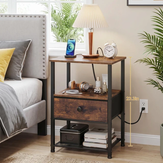 Alt view image 2 of 7 - Night Stand, Nightstands Set of 2 with Charging Station | Bed Side Tables with Fabric Drawer & Open Shelves, End Tables with Type-C for Bedroom, Small Sapce, Rustic Brown