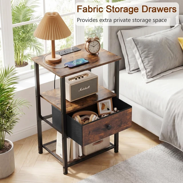 Alt view image 5 of 7 - Night Stand, Nightstands Set of 2 with Charging Station | Bed Side Tables with Fabric Drawer & Open Shelves, End Tables with Type-C for Bedroom, Small Sapce, Rustic Brown
