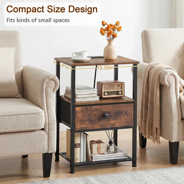 Alt view image 7 of 7 - Night Stand, Nightstands Set of 2 with Charging Station | Bed Side Tables with Fabric Drawer & Open Shelves, End Tables with Type-C for Bedroom, Small Sapce, Rustic Brown