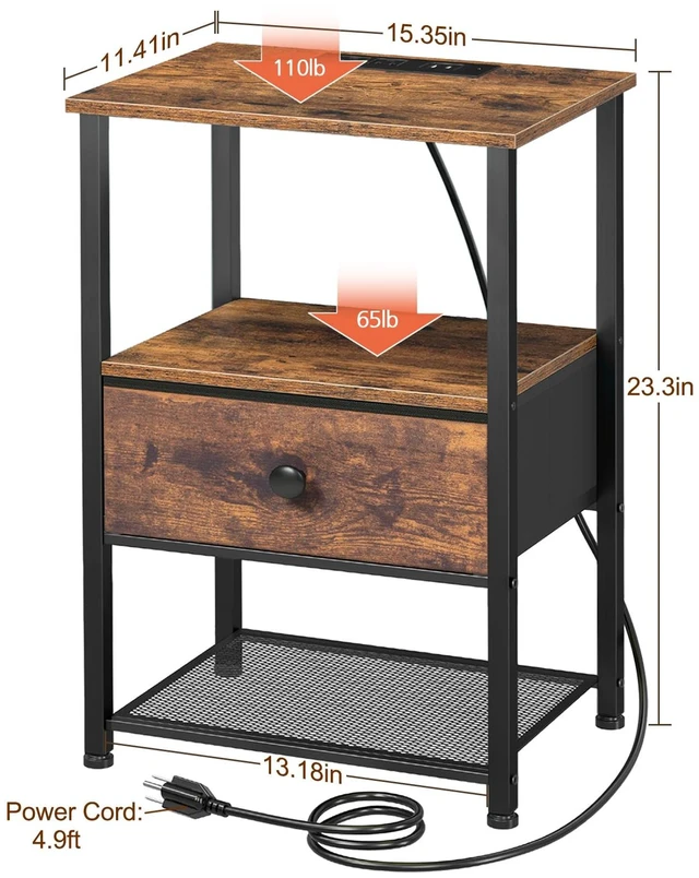 Alt view image 6 of 7 - Night Stand, Nightstands Set of 2 with Charging Station | Bed Side Tables with Fabric Drawer & Open Shelves, End Tables with Type-C for Bedroom, Small Sapce, Rustic Brown