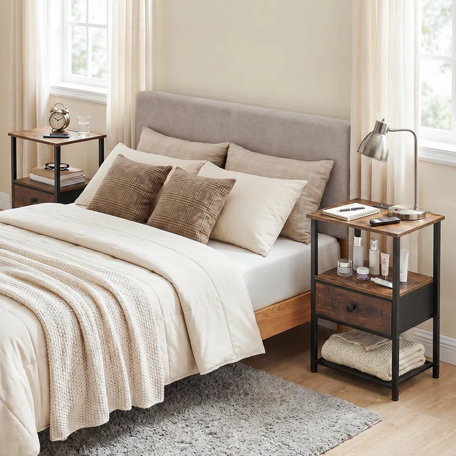 Alt view image 4 of 7 - Night Stand, Nightstands Set of 2 with Charging Station | Bed Side Tables with Fabric Drawer & Open Shelves, End Tables with Type-C for Bedroom, Small Sapce, Rustic Brown