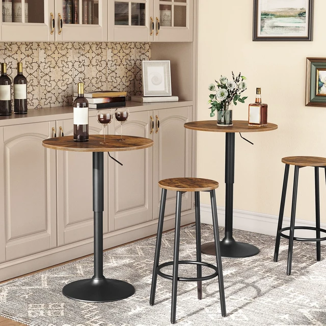 Alt view image 4 of 7 - Bar Table, Height-Adjustable Round Pub Table 27-35.4 Inches with Sturdy Base, Modern Style, Easy to Assemble, Suitable for Small Space, Rustic and Black BF58BT01G1