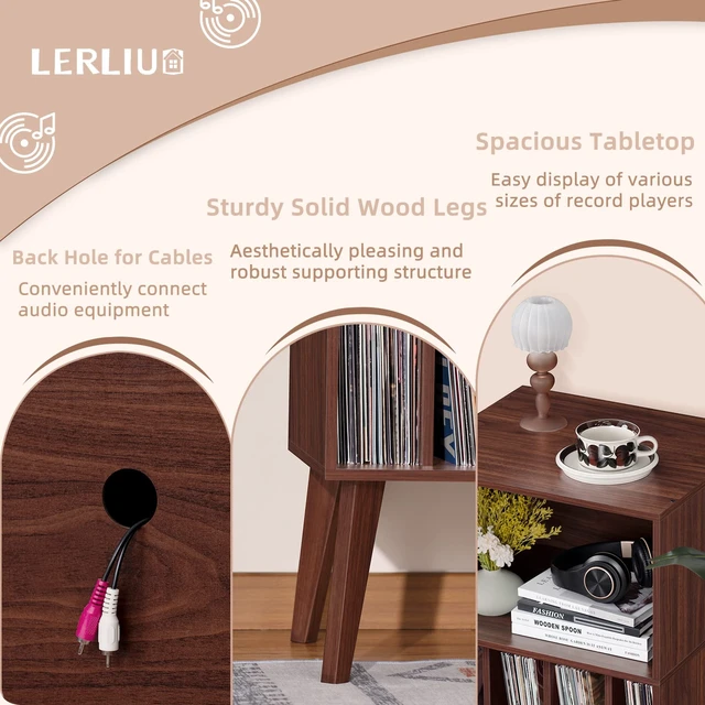Alt view image 8 of 8 - Record Player Stand, Walnut Turntable Stand Holds up to 160 Albums | Mid-Century Vinyl Storage Cabinet Table,Solid Wood Legs, Record Player Holder Dispaly Shelf for Bedroom Living Room