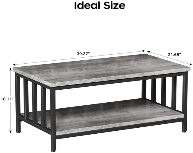Alt view image 3 of 7 - Coffee Table for Living Room with Slatted Sides Frame, Modern Farmhouse Living Room Table with 2-Tier Storage Shelf for Home Office, Apartment, Grey Wash, 39 inch