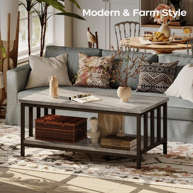 Alt view image 2 of 7 - Coffee Table for Living Room with Slatted Sides Frame, Modern Farmhouse Living Room Table with 2-Tier Storage Shelf for Home Office, Apartment, Grey Wash, 39 inch