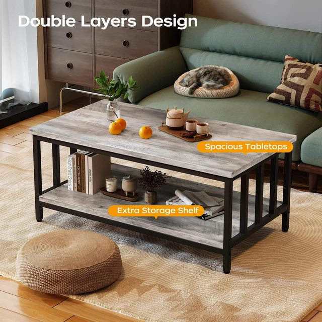 Alt view image 4 of 7 - Coffee Table for Living Room with Slatted Sides Frame, Modern Farmhouse Living Room Table with 2-Tier Storage Shelf for Home Office, Apartment, Grey Wash, 39 inch