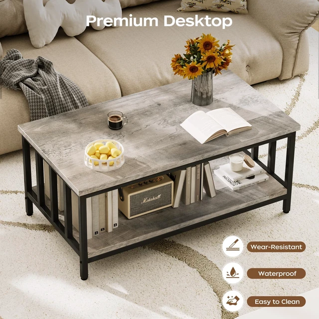 Alt view image 5 of 7 - Coffee Table for Living Room with Slatted Sides Frame, Modern Farmhouse Living Room Table with 2-Tier Storage Shelf for Home Office, Apartment, Grey Wash, 39 inch