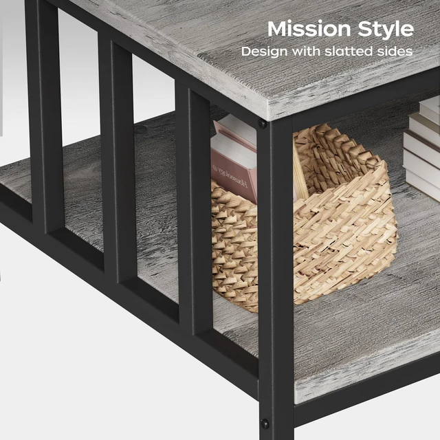 Alt view image 6 of 7 - Coffee Table for Living Room with Slatted Sides Frame, Modern Farmhouse Living Room Table with 2-Tier Storage Shelf for Home Office, Apartment, Grey Wash, 39 inch