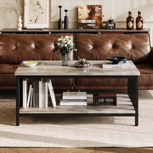 Alt view image 7 of 7 - Coffee Table for Living Room with Slatted Sides Frame, Modern Farmhouse Living Room Table with 2-Tier Storage Shelf for Home Office, Apartment, Grey Wash, 39 inch