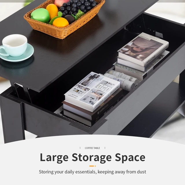Alt view image 3 of 7 - 39.4" Lift Top Coffee Table | Black | with Hidden Storage | Rectangular Coffee Table with Smooth Hydraulic Lift Mechanism & Shelves | Easy Assembly | For Home, Office, Living Room