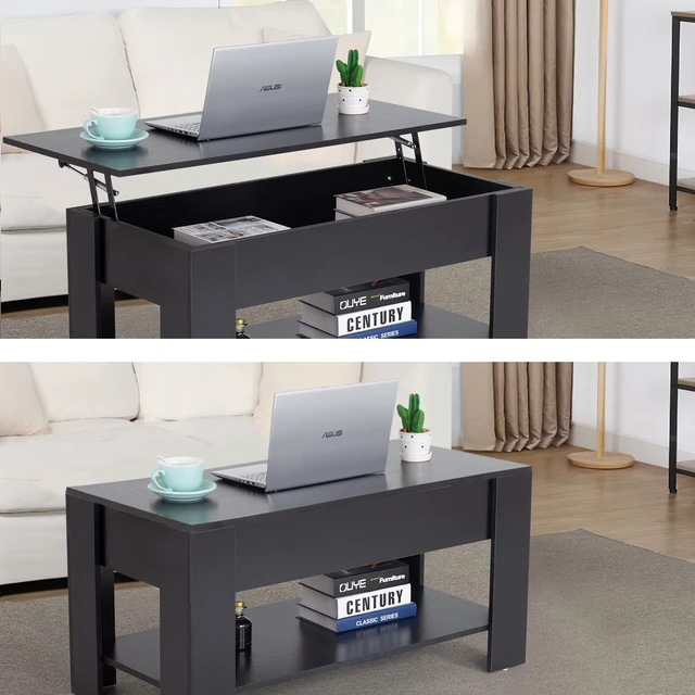 Alt view image 4 of 7 - 39.4" Lift Top Coffee Table | Black | with Hidden Storage | Rectangular Coffee Table with Smooth Hydraulic Lift Mechanism & Shelves | Easy Assembly | For Home, Office, Living Room