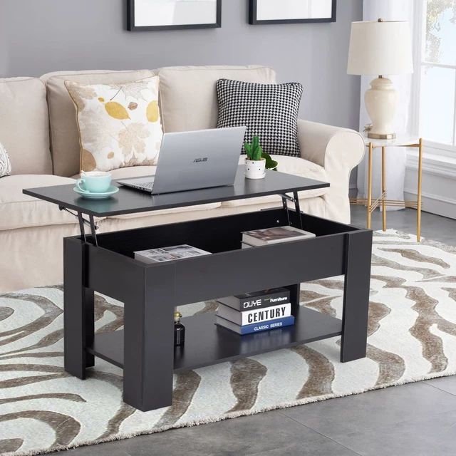 Alt view image 6 of 7 - 39.4" Lift Top Coffee Table | Black | with Hidden Storage | Rectangular Coffee Table with Smooth Hydraulic Lift Mechanism & Shelves | Easy Assembly | For Home, Office, Living Room