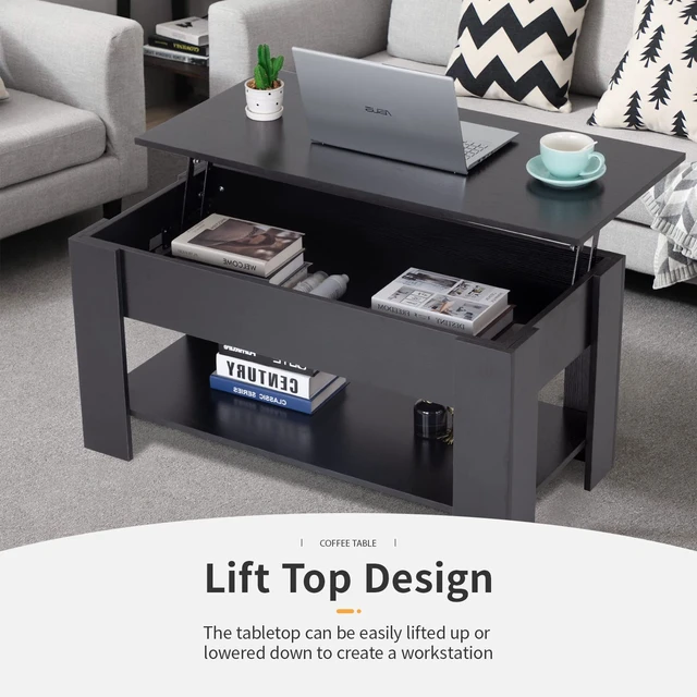 Alt view image 2 of 7 - 39.4" Lift Top Coffee Table | Black | with Hidden Storage | Rectangular Coffee Table with Smooth Hydraulic Lift Mechanism & Shelves | Easy Assembly | For Home, Office, Living Room