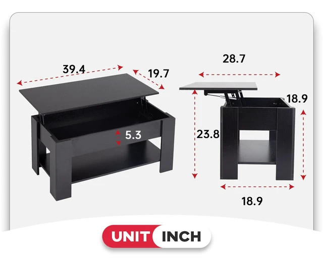 Alt view image 7 of 7 - 39.4" Lift Top Coffee Table | Black | with Hidden Storage | Rectangular Coffee Table with Smooth Hydraulic Lift Mechanism & Shelves | Easy Assembly | For Home, Office, Living Room