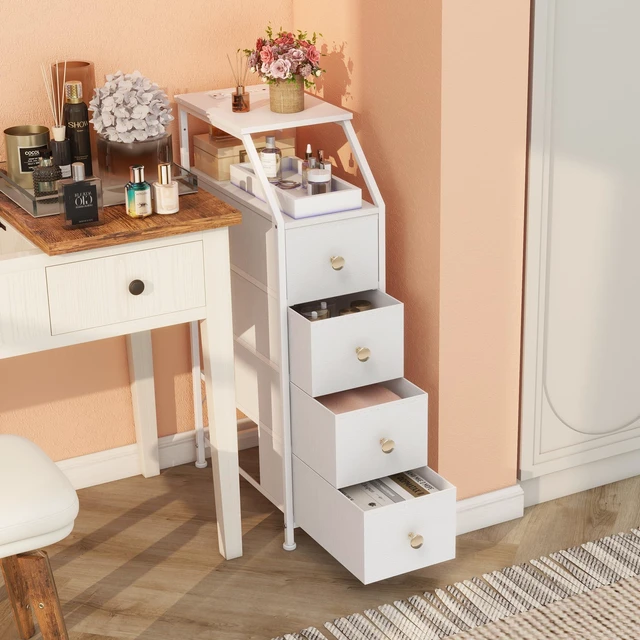 Alt view image 2 of 7 - Narrow Dresser Tall Skinny Storage Tower Vertical Slim Chest of Drawers with Charging Station Small Nightstand Side Table for Bedroom, Bathroom, Small Spaces (White, 4 Drawers)