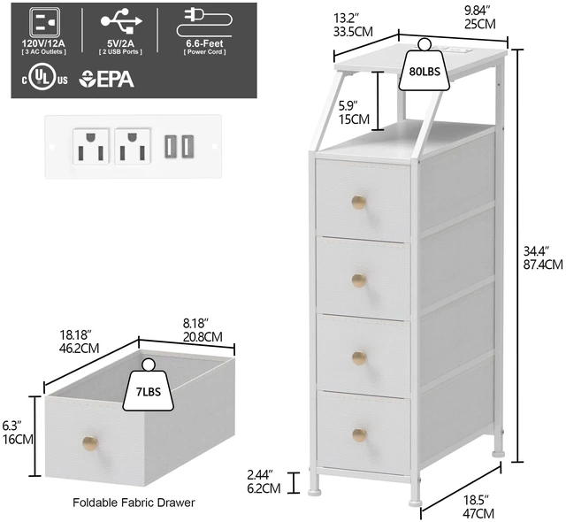 Alt view image 4 of 7 - Narrow Dresser Tall Skinny Storage Tower Vertical Slim Chest of Drawers with Charging Station Small Nightstand Side Table for Bedroom, Bathroom, Small Spaces (White, 4 Drawers)
