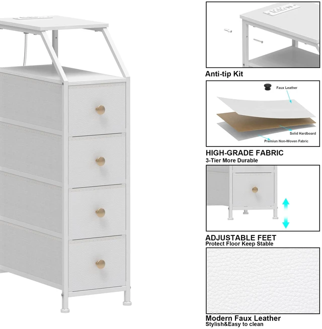 Alt view image 6 of 7 - Narrow Dresser Tall Skinny Storage Tower Vertical Slim Chest of Drawers with Charging Station Small Nightstand Side Table for Bedroom, Bathroom, Small Spaces (White, 4 Drawers)