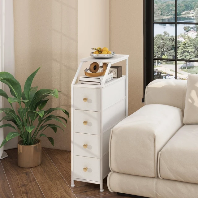 Alt view image 5 of 7 - Narrow Dresser Tall Skinny Storage Tower Vertical Slim Chest of Drawers with Charging Station Small Nightstand Side Table for Bedroom, Bathroom, Small Spaces (White, 4 Drawers)