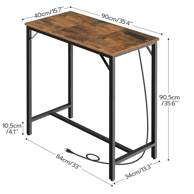 Alt view image 3 of 7 - Bar Table with Charging Station, Rectangular Pub Table, High Top Coffee Table, Counter Bar Height Table, Narrow Long Dining Table, 35.4" L x 15.7" W x 35.6" H, Rustic Brown and Black BF90UBT01