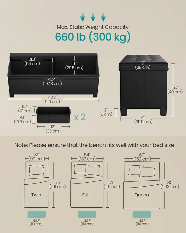 Alt view image 2 of 5 - Storage Ottoman Bench with Legs, 43.3 Inches, 30 Gal. (112 L) | Bench with Legs, PVC Leather, for Living Room, Entryway, Ink Black, MELISA Collection ULSF0514B02