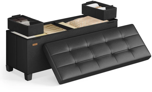 Main image of Storage Ottoman Bench with Legs, 43.3 Inches, 30 Gal. (112 L) | Bench with Legs, PVC Leather, for Living Room, Entryway, Ink Black, MELISA Collection ULSF0514B02