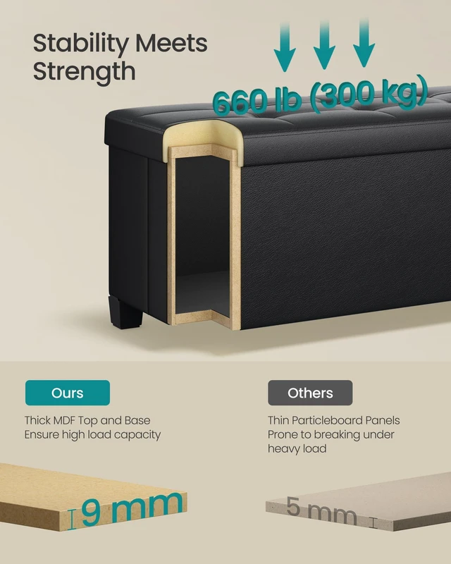 Alt view image 4 of 5 - Storage Ottoman Bench with Legs, 43.3 Inches, 30 Gal. (112 L) | Bench with Legs, PVC Leather, for Living Room, Entryway, Ink Black, MELISA Collection ULSF0514B02