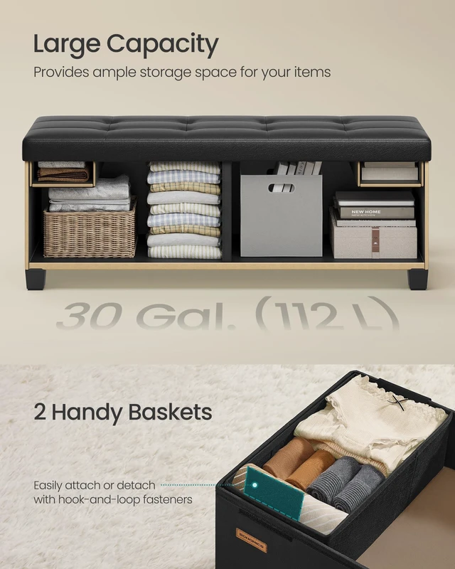 Alt view image 5 of 5 - Storage Ottoman Bench with Legs, 43.3 Inches, 30 Gal. (112 L) | Bench with Legs, PVC Leather, for Living Room, Entryway, Ink Black, MELISA Collection ULSF0514B02