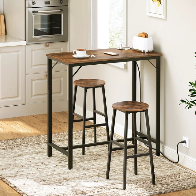 Alt view image 6 of 7 - Bar Table with Charging Station, Rectangular Pub Table, High Top Coffee Table, Counter Bar Height Table, Narrow Long Dining Table, 35.4" L x 15.7" W x 35.6" H, Rustic Brown and Black BF90UBT01