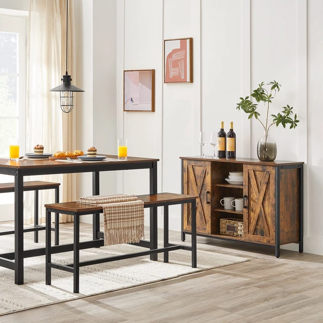 Alt view image 2 of 7 - Dining Bench Set of 2, 42.5'' Kitchen Bench | Industrial Style, Steel Metal Frame, for Kitchen, Dining Room, Living Room, Entryway, Rustic Brown and Black, UKTB33X